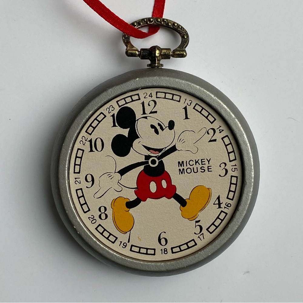 VINTAGE Walt Disney Mickey Mouse Wooden Pocket Watch Clock Christmas Ornament 3"